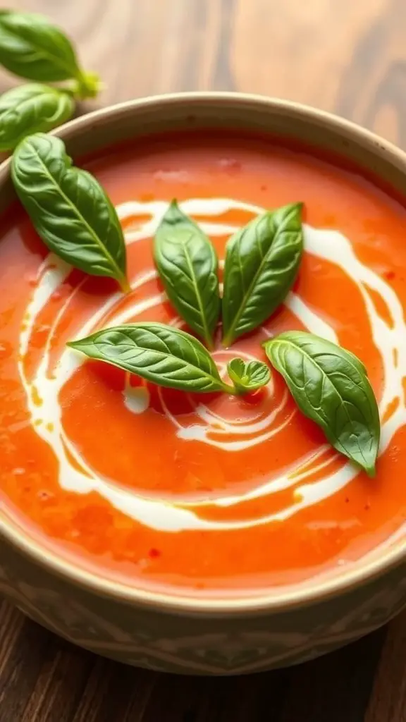 A bowl of creamy tomato basil soup garnished with fresh basil leaves.