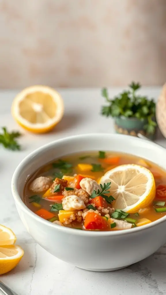 A bowl of chicken and quinoa soup with lemon slices and herbs, showcasing a colorful and nutritious meal.