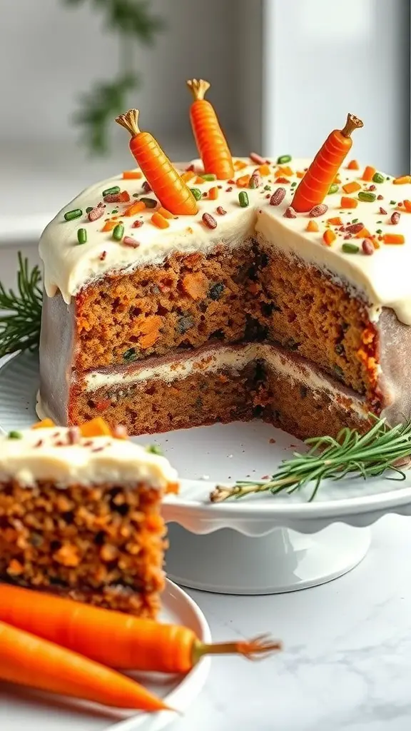 A beautifully decorated carrot cake with cream cheese icing, topped with small carrot decorations and colorful sprinkles.