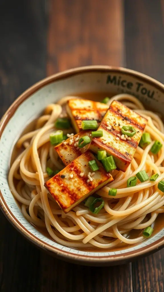 A bowl of miso egg noodles topped with grilled tofu and green onions.