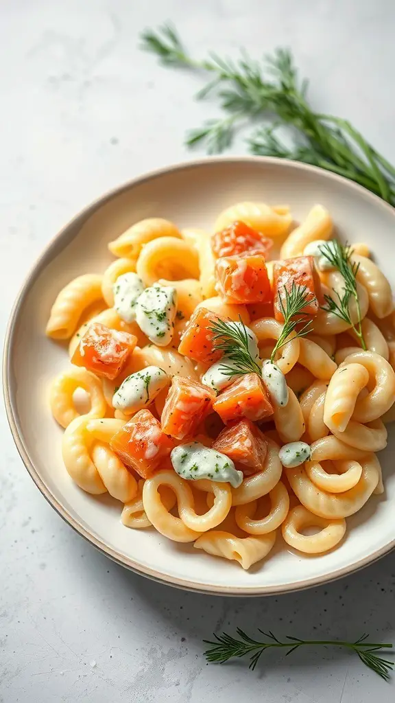 A plate of macaroni pasta topped with smoked salmon and dill, garnished with a creamy sauce.