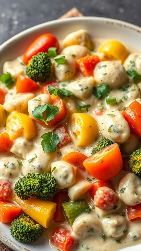 A bowl of Vegetable Alfredo Primavera with colorful vegetables and creamy sauce.