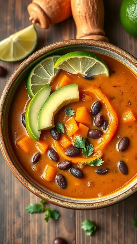 A bowl of Sweet Potato and Black Bean Soup garnished with lime, avocado, and cilantro.
