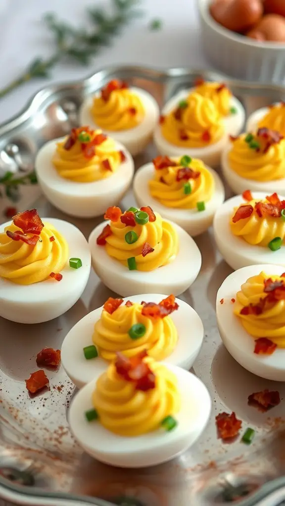 A platter of deviled eggs topped with bacon bits and green onions.