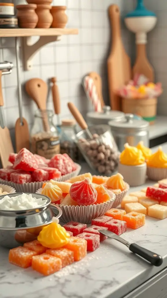 A colorful assortment of hard candies in various shapes and sizes, displayed on a kitchen counter.