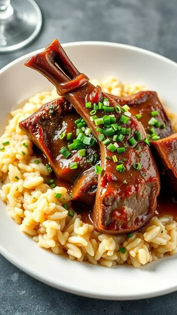 A plate of Osso Buco with gremolata served over risotto.