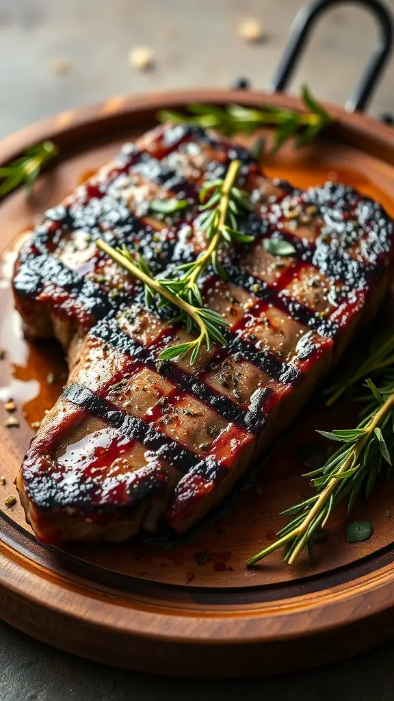 Grilled venison steak garnished with herbs on a wooden plate