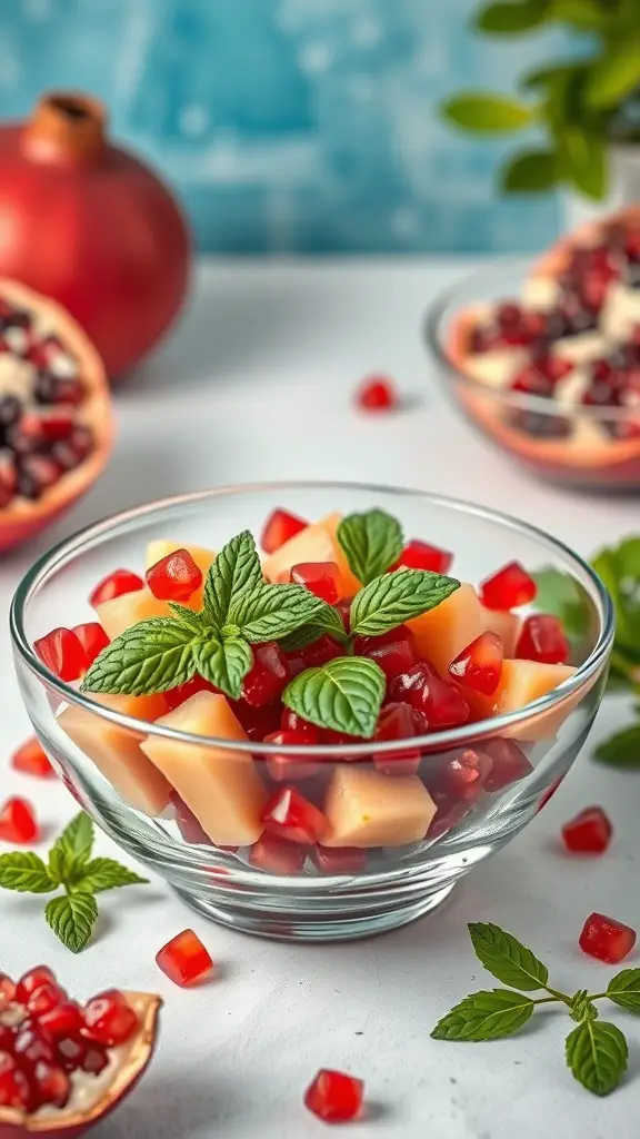 A bowl of Pomegranate and Citrus Salad with mint leaves, surrounded by pomegranate halves and seeds.