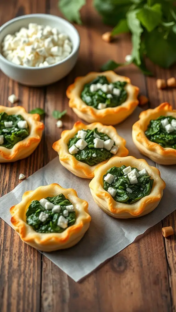 Savory spinach and feta puff pastry bites arranged on a wooden table with a bowl of feta cheese in the background.