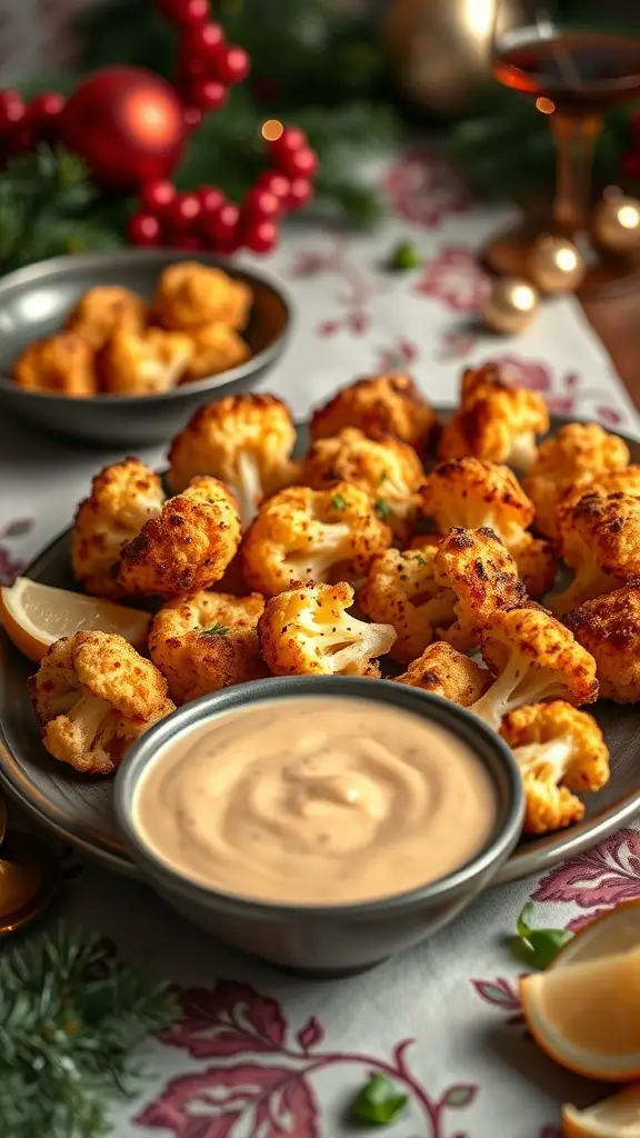 A plate of crispy cauliflower bites with a creamy dip, set against a festive background.