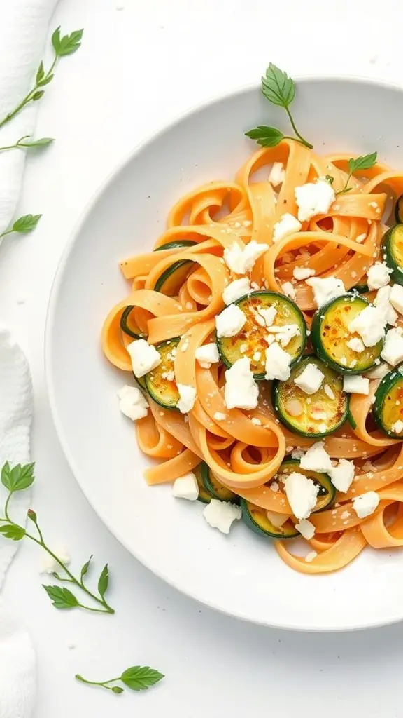 A plate of rigatoni pasta with zucchini slices and crumbled feta cheese, garnished with fresh herbs.