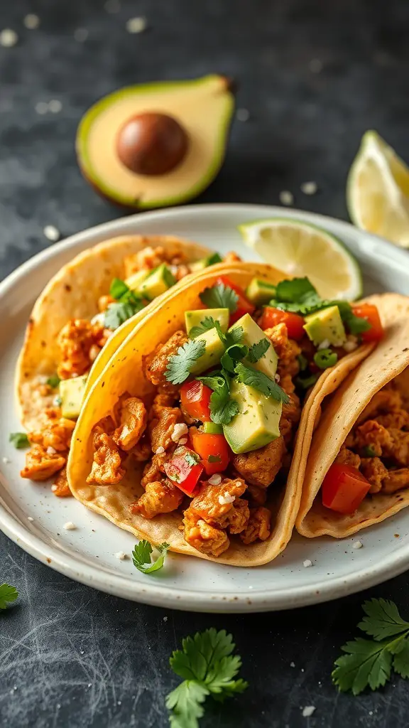 Spicy chicken tacos with avocado salsa on a plate, garnished with cilantro and lime.