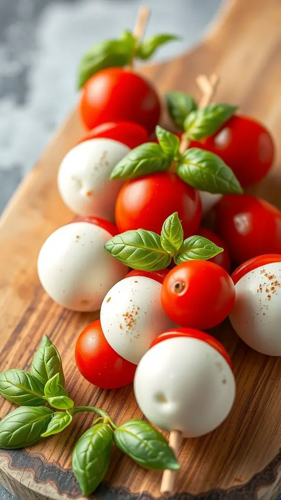 Caprese skewers with cherry tomatoes, mozzarella balls, and basil on a wooden board.