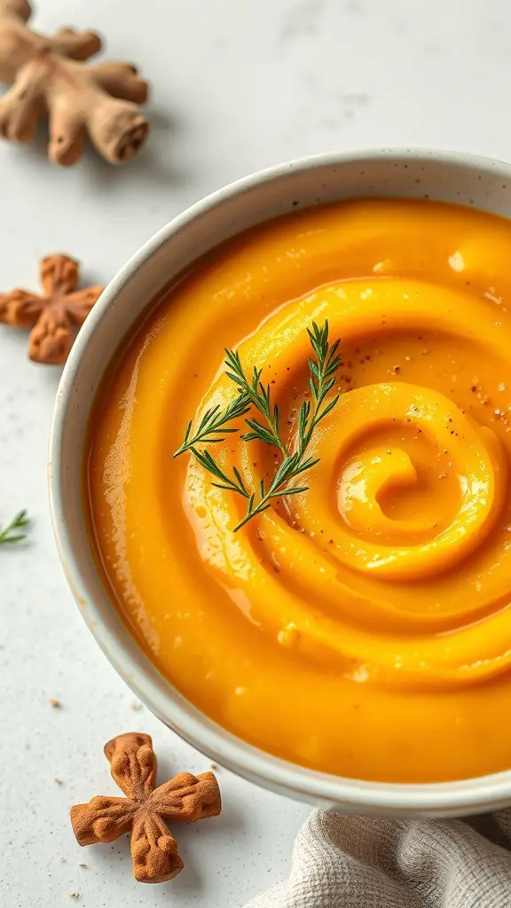 A bowl of butternut squash and ginger puree, garnished with herbs and surrounded by star anise.