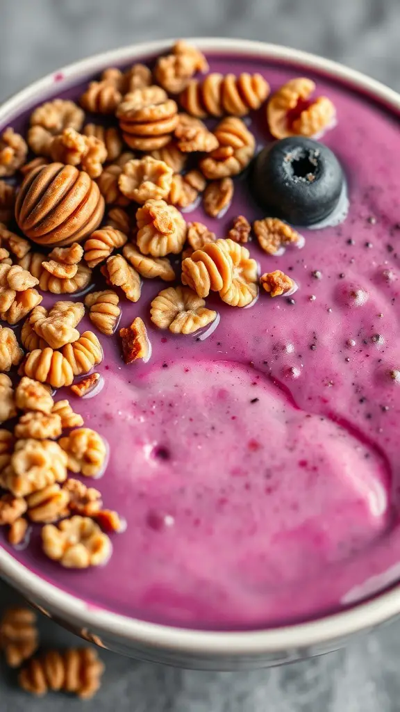 A close-up of an acai bowl topped with nutty granola and a blueberry.