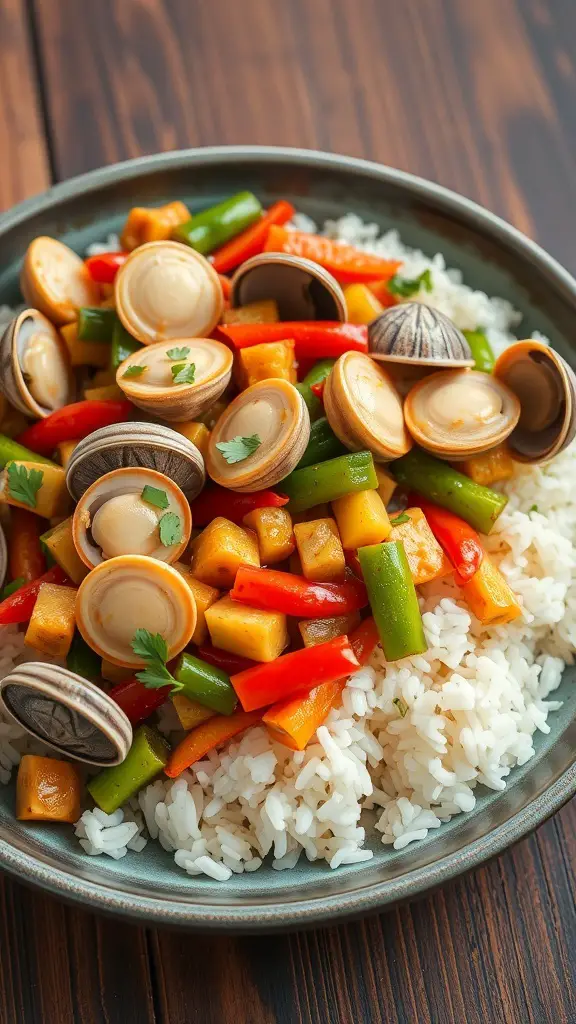 A bowl of clam and vegetable stir-fry served over rice, featuring colorful bell peppers and clams.