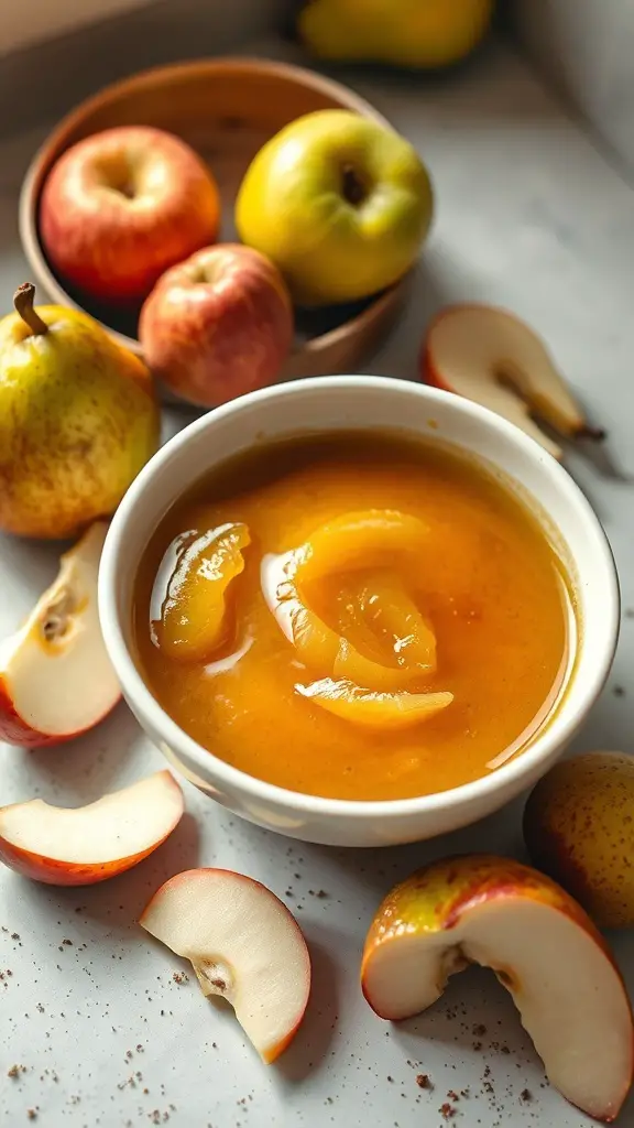 A bowl of apple and pear sauce with fresh apples and pears around it.