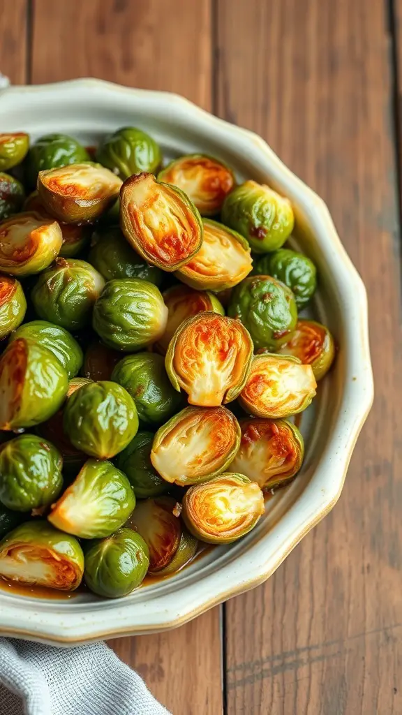 A bowl of roasted Brussels sprouts with a maple glaze, showcasing their golden-brown color.
