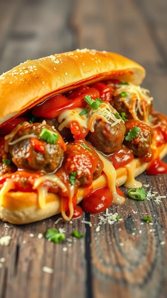 A delicious Italian meatball sub sandwich loaded with meatballs, marinara sauce, and melted cheese on a wooden table.