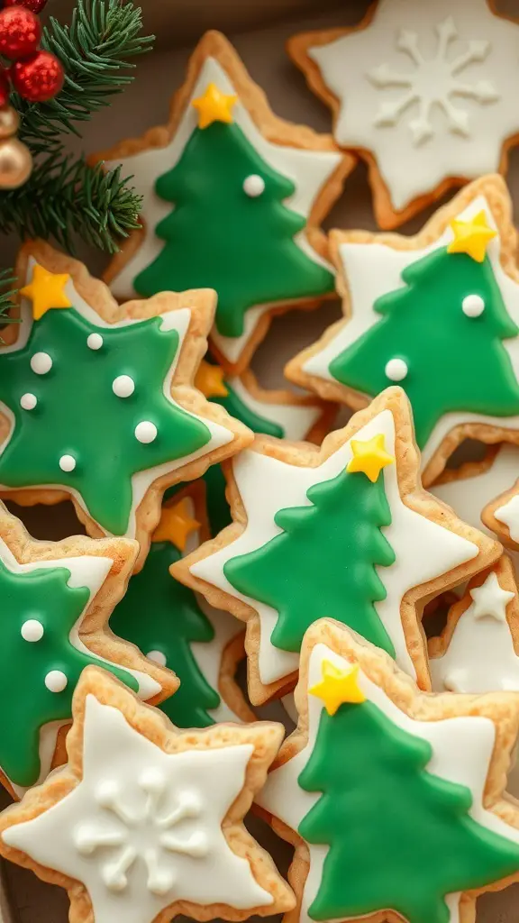 Decorated Christmas sugar cookies shaped like trees and snowflakes with green and white icing.