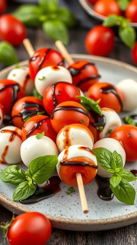 Caprese skewers with cherry tomatoes, mozzarella balls, and basil drizzled with balsamic glaze