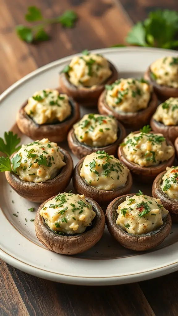 A plate of savory stuffed mushrooms filled with a creamy mixture and garnished with herbs.