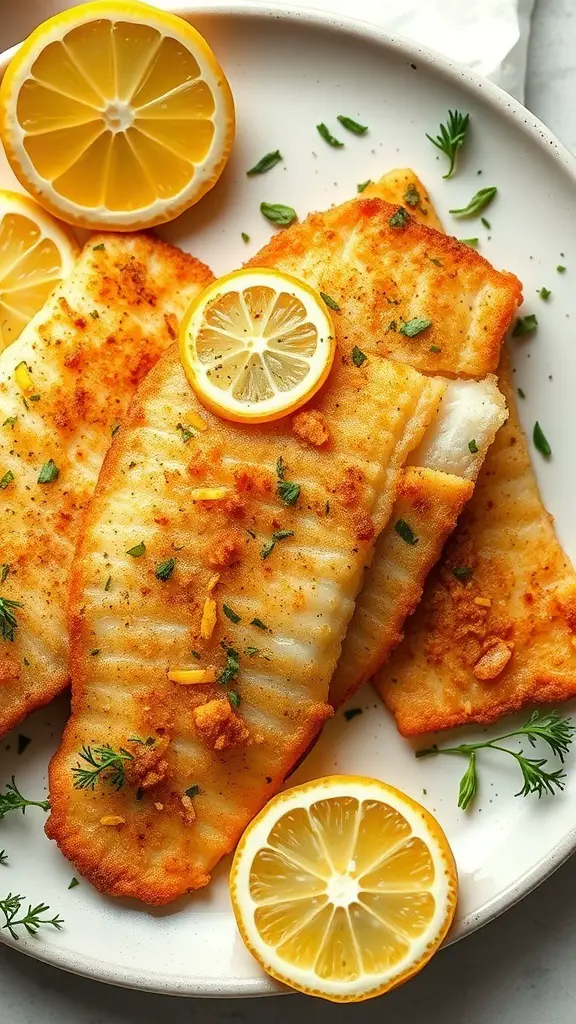 Crispy fried tilapia fillets garnished with lemon slices and herbs