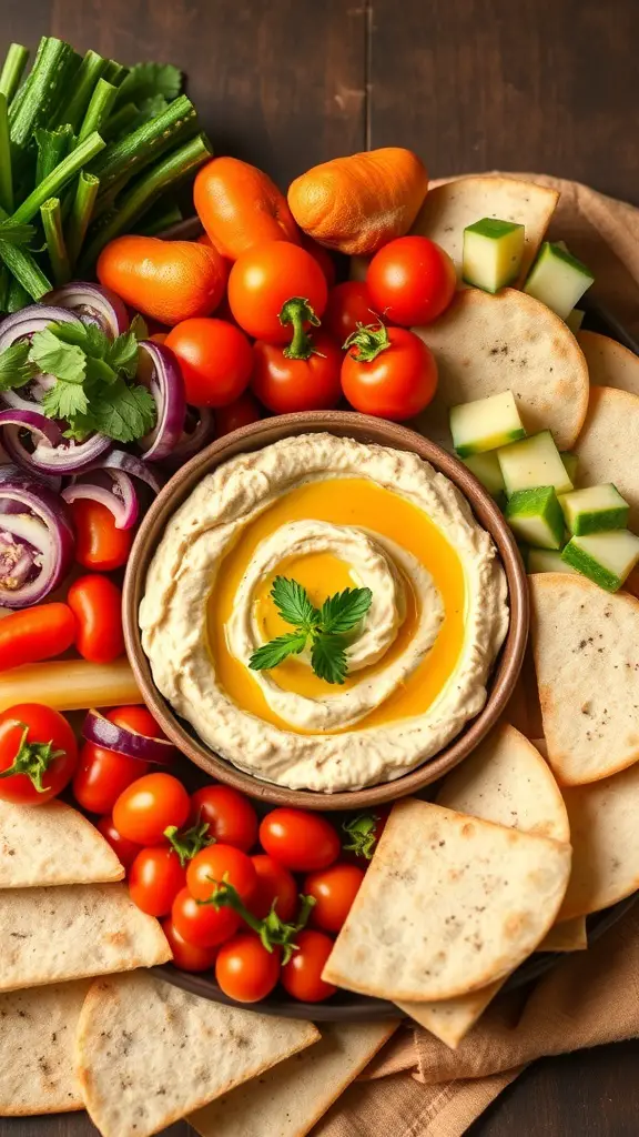 A colorful hummus and veggie platter with fresh vegetables and pita bread.