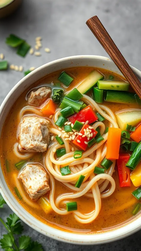 A bowl of Asian-inspired turkey noodle soup with colorful vegetables and noodles.