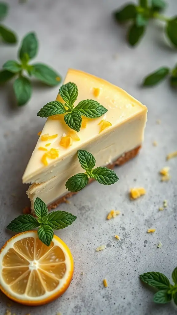 Slice of lemon ricotta cheesecake garnished with mint leaves and lemon zest
