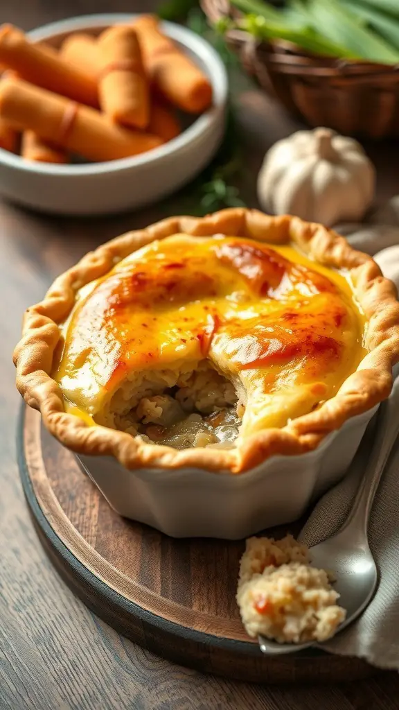 A freshly baked turkey pot pie with a flaky crust, served on a wooden board, surrounded by fresh vegetables.