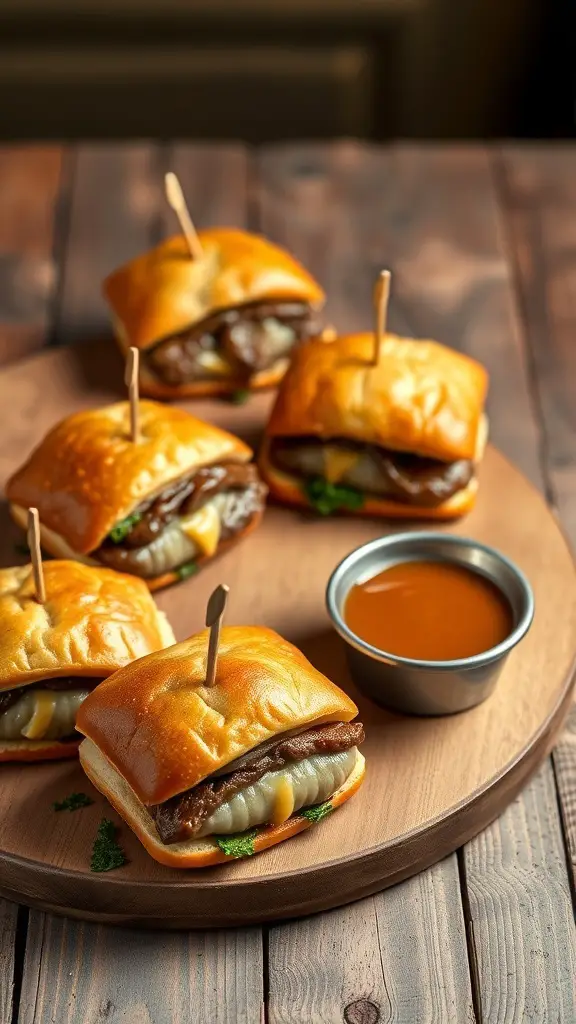 Mini Beef Wellington Bites on a wooden platter with dipping sauce