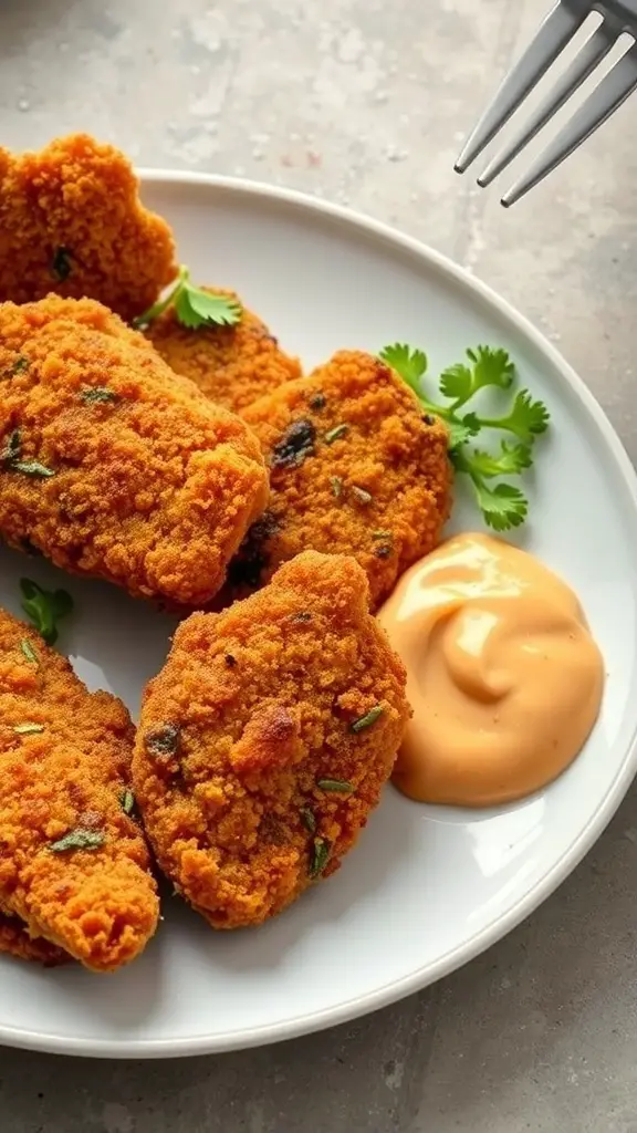 Crispy breaded chicken cutlets served with a dipping sauce