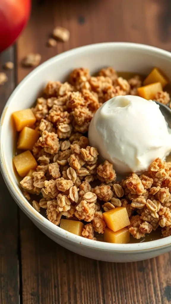 A bowl of spiced apple crisp topped with a scoop of vanilla ice cream, placed on a wooden table.