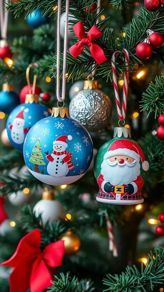 Colorful Christmas balls featuring a snowman and Santa Claus hanging on a decorated tree.