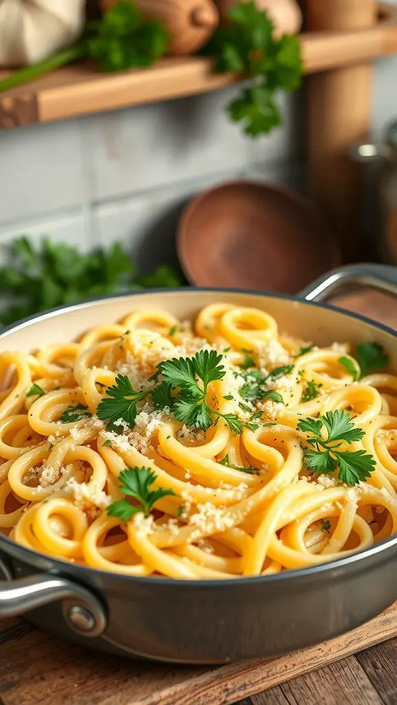 A pot of creamy garlic parmesan pasta garnished with parsley
