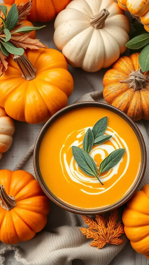 A bowl of creamy pumpkin soup garnished with sage leaves, surrounded by various pumpkins and autumn leaves.
