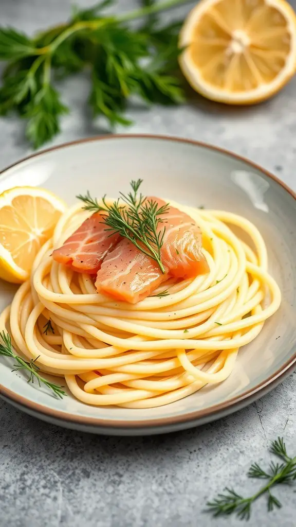 A plate of fettuccine pasta topped with smoked salmon and garnished with dill and lemon.