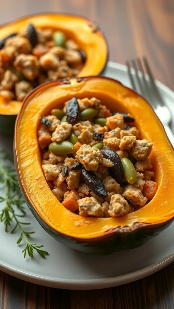 Stuffed acorn squash filled with a savory mixture of grains and vegetables