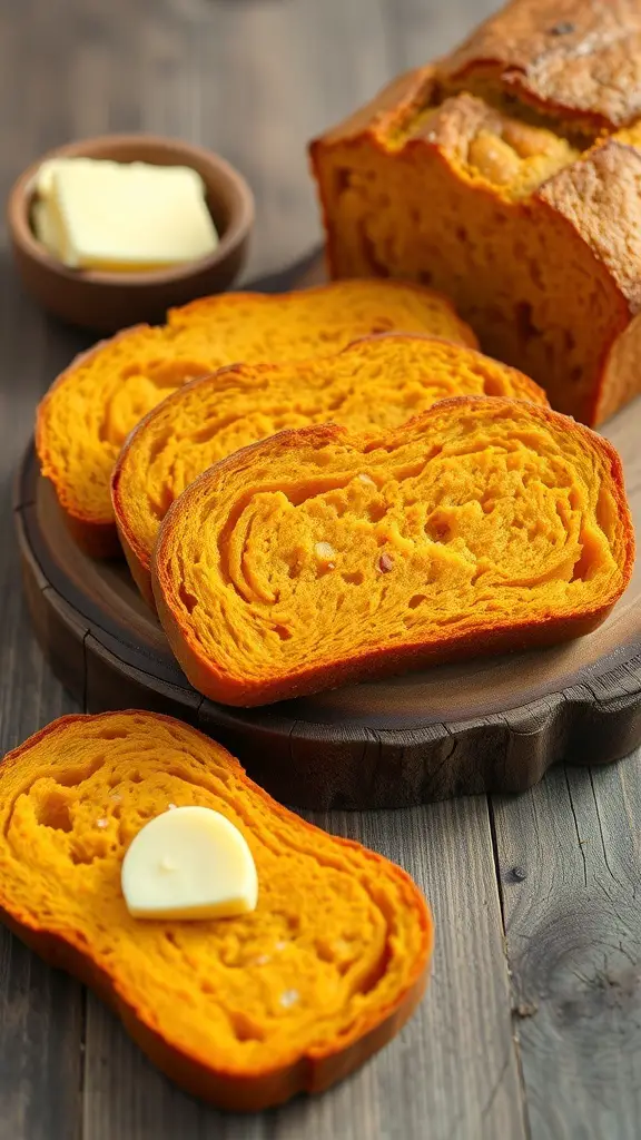 Slices of butternut squash bread with butter on a wooden board