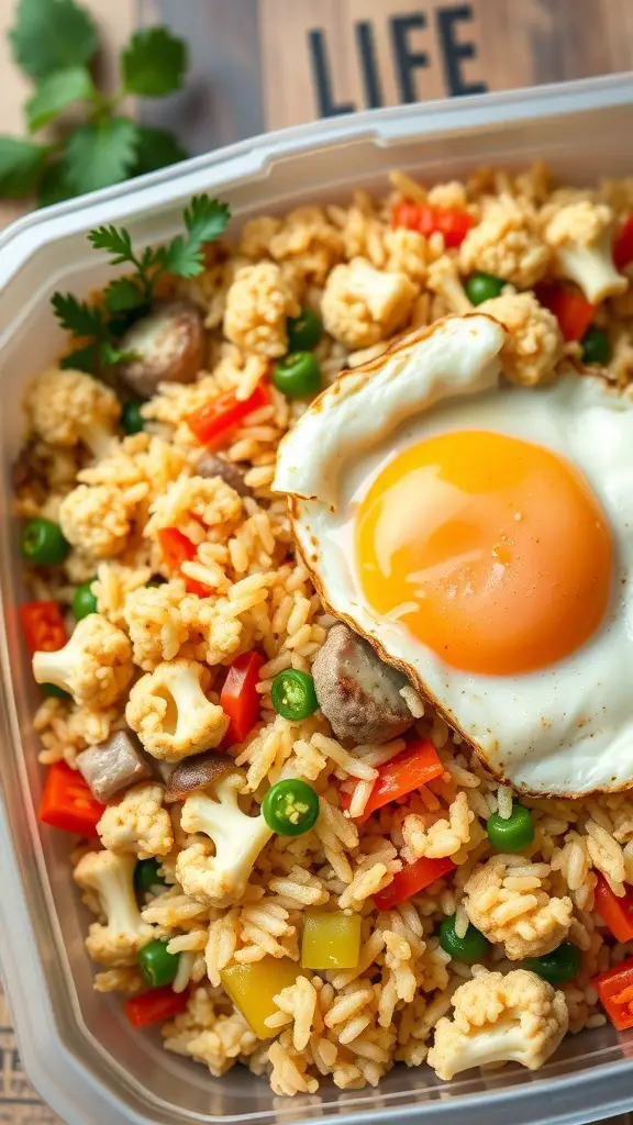 A container of cauliflower fried rice with vegetables and a fried egg on top