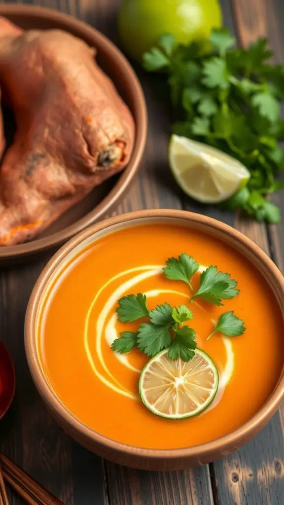 A bowl of Thai Sweet Potato Soup garnished with cilantro and lime on a wooden table.