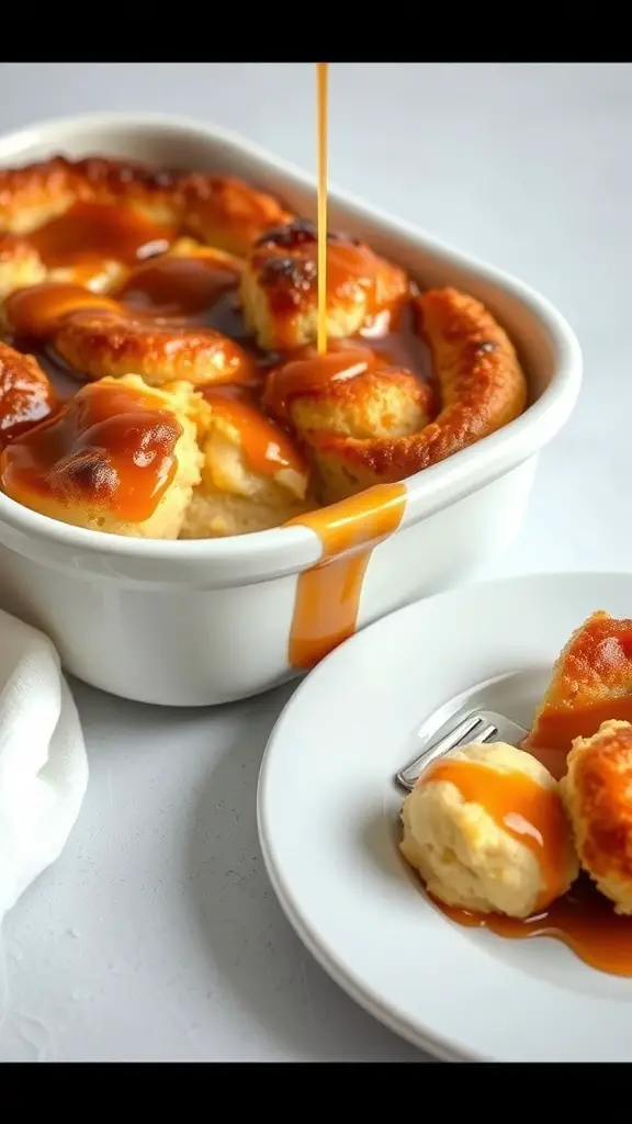 Biscuit bread pudding with caramel sauce