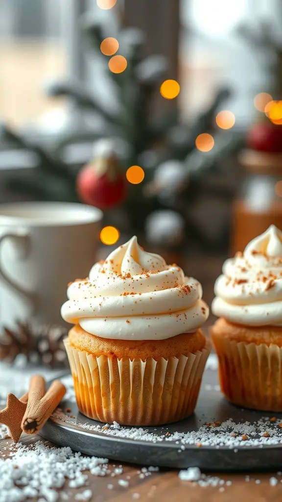 Eggnog Cream Cupcakes with festive decorations