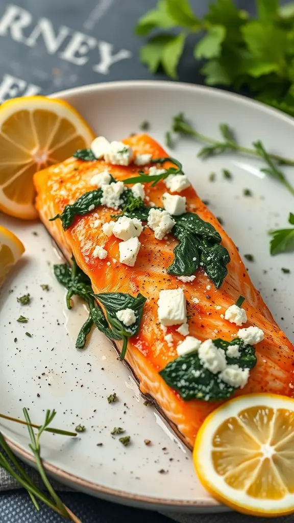A plate of spinach and feta stuffed salmon garnished with lemon slices and herbs.