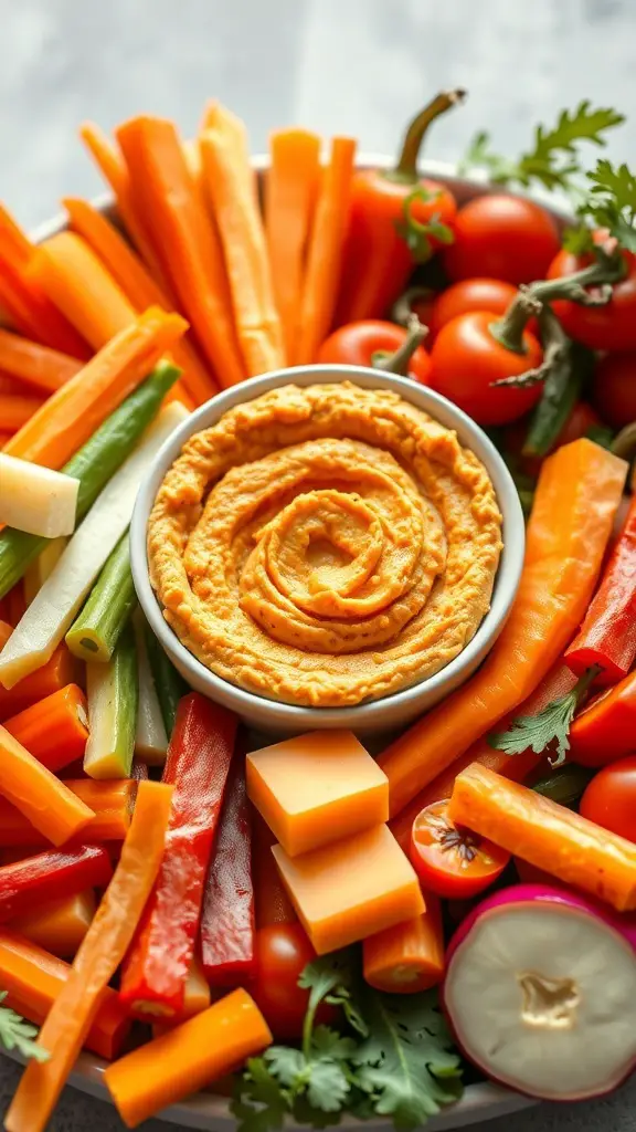 A colorful platter featuring pumpkin hummus in the center surrounded by various fresh vegetables for dipping.