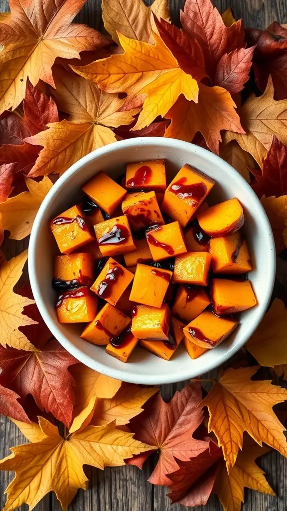 Maple roasted butternut squash cubes in a white bowl surrounded by autumn leaves