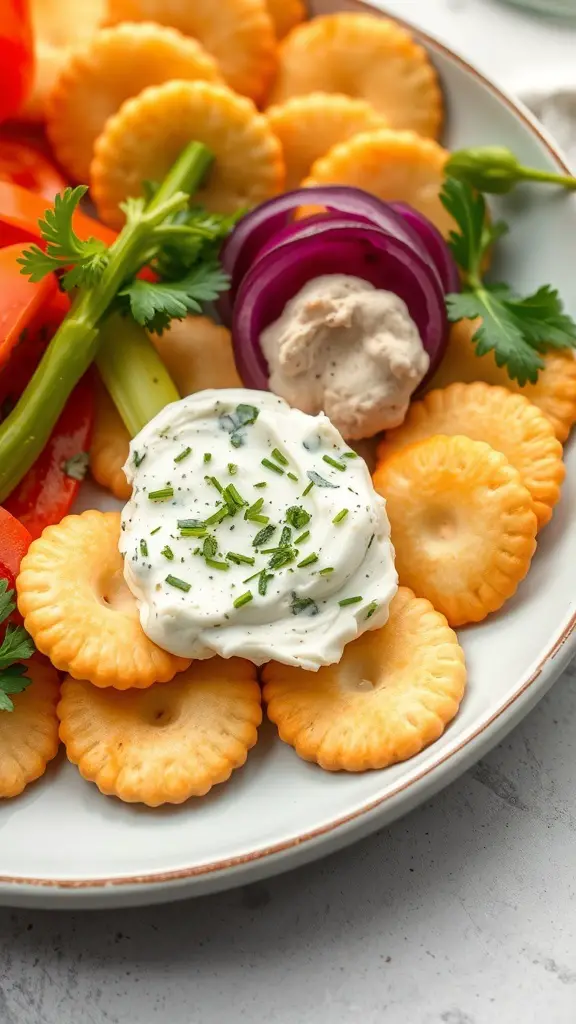 Plate of Ritz crackers topped with a creamy cheese spread and garnished with fresh herbs and vegetables.