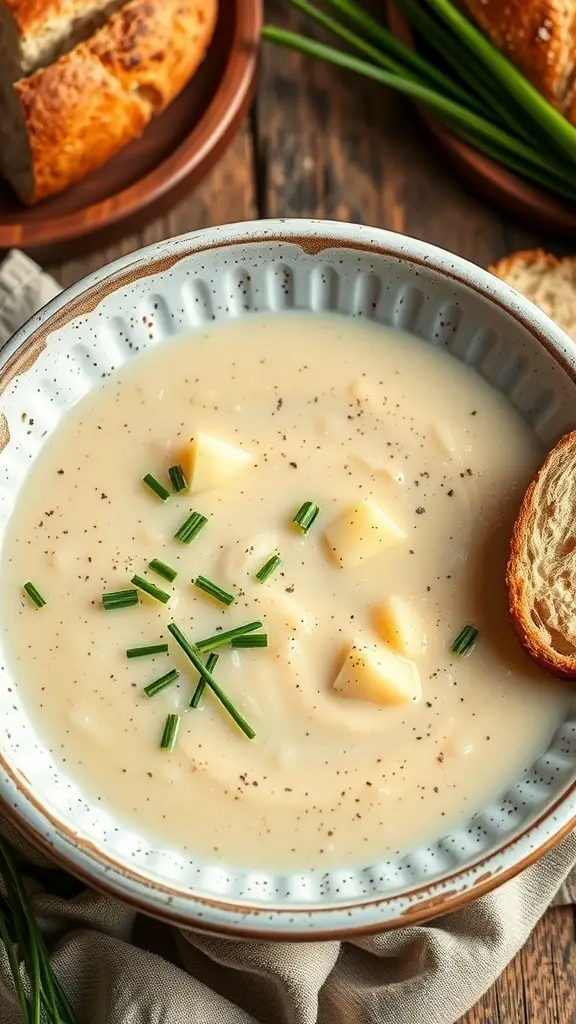A bowl of creamy potato and leek soup garnished with chives, served with crusty bread.