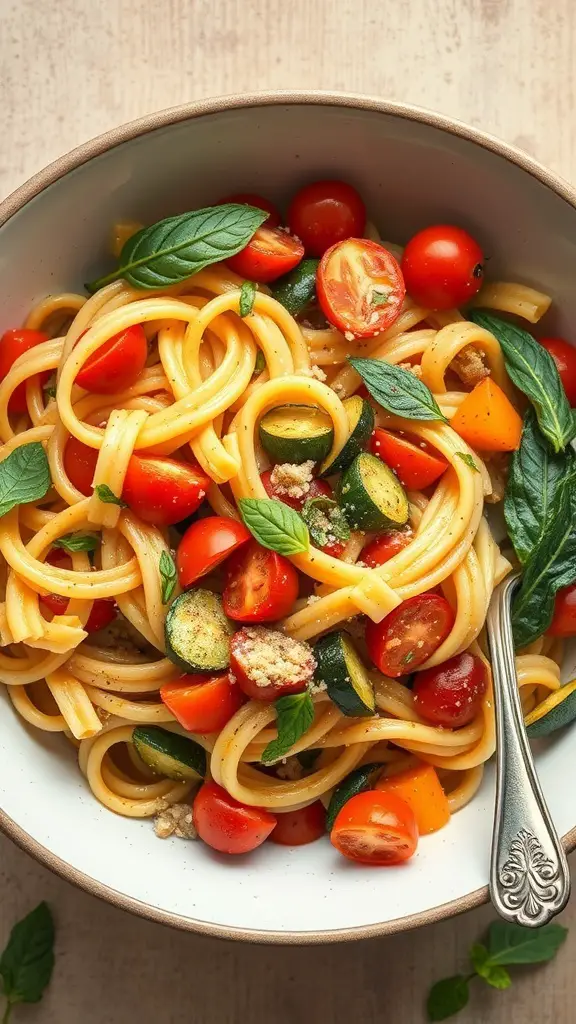 A bowl of Pasta Primavera with spaghetti, cherry tomatoes, zucchini, and basil.